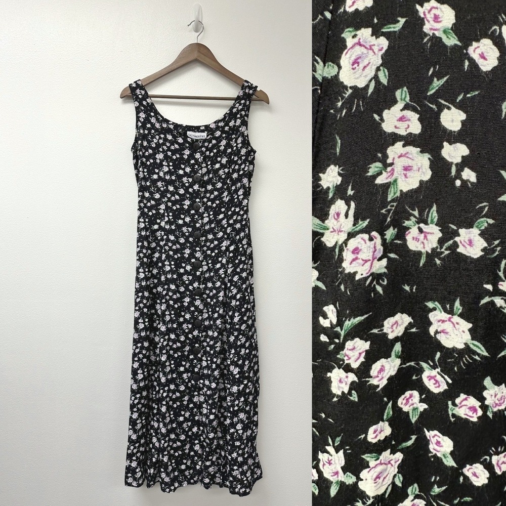 Vintage Ultimate Button Front Floral Sleeveless‎ Cottagecore Dress Black M